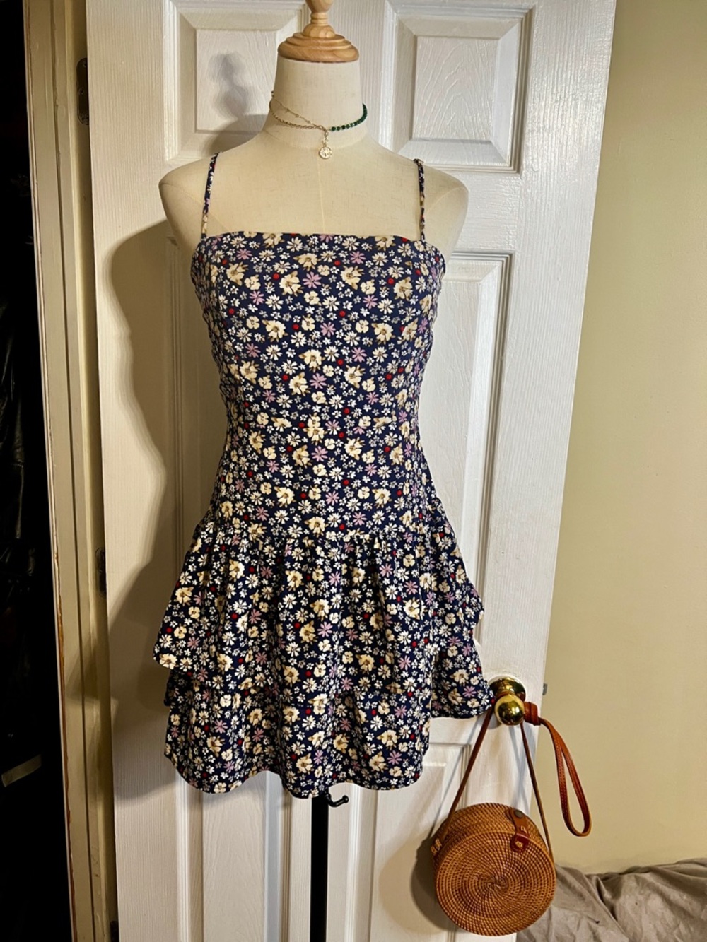 New Forever 21 Blue Foral Ruffle Pleated‎ Tiered Boho Festival Mini Dress M